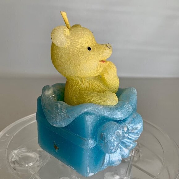 Teddy Bear Candle Happy Bear Blue Yellow Wax Baby Boy Unique Shower Gift Vintage - Picture 4 of 14